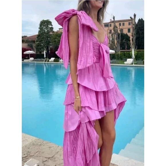 $795 LoveShackFancy Pink Raylene Tiered Pleated Bow High Low Maxi Dress 6 - Picture 13 of 16